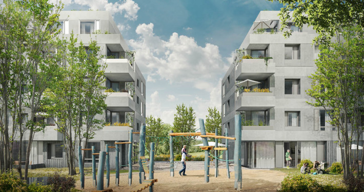 Mehrfamilienhaus Bochum Massivbau Perspektive Innenhof Leichtbeton