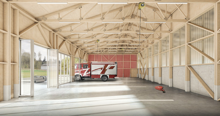 Neubau Feuerwehr Perspektive Fahrzeughalle